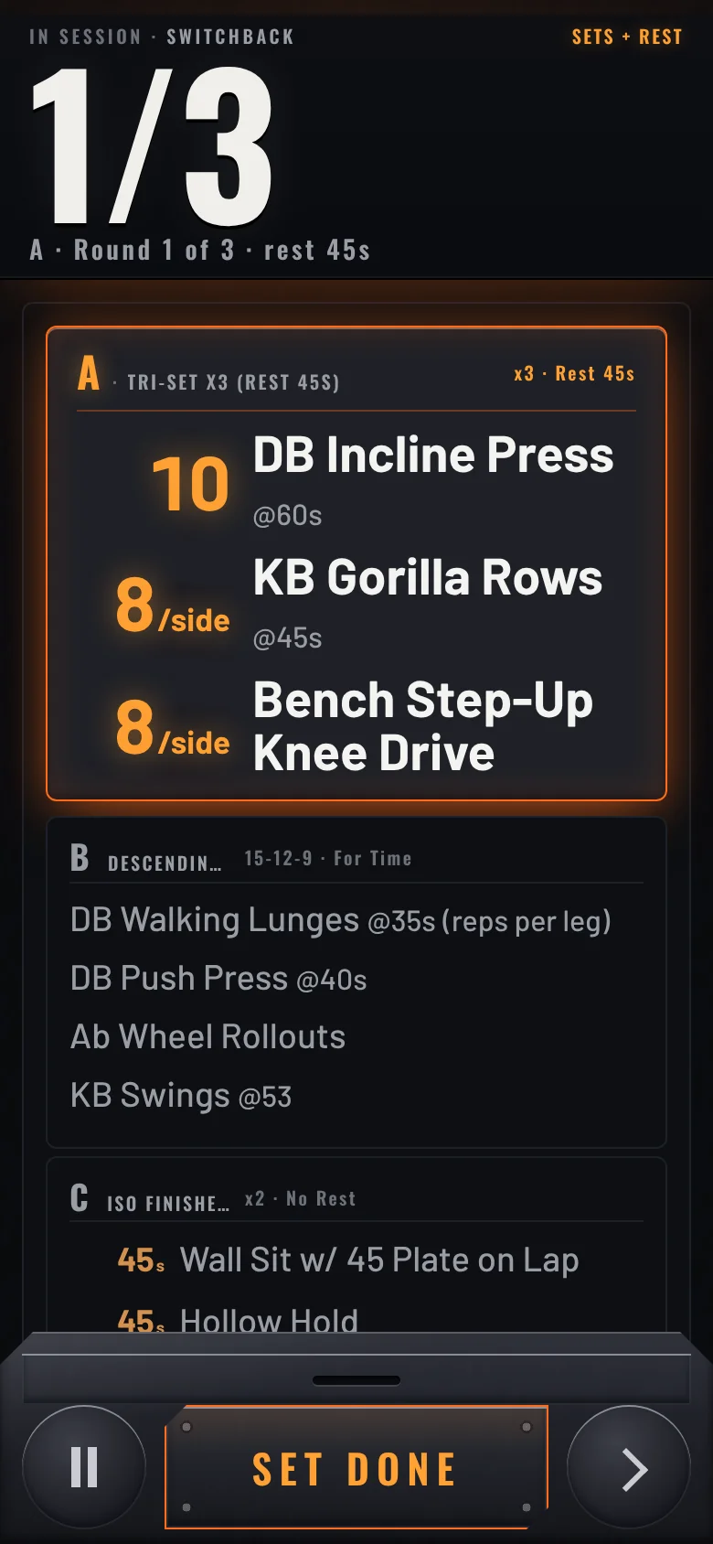 ANVIL running a workout, round 1 of 3, with the full session on screen