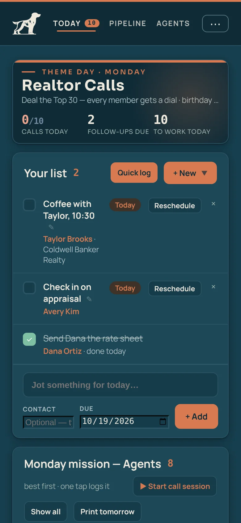 Bird Dog on a Monday: today's list and the Realtor Calls theme day (demo data)
