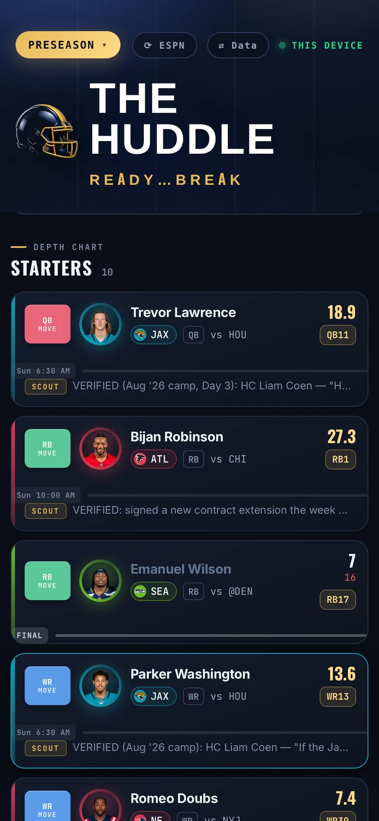 The Huddle: the team header above the starting roster with projected points
